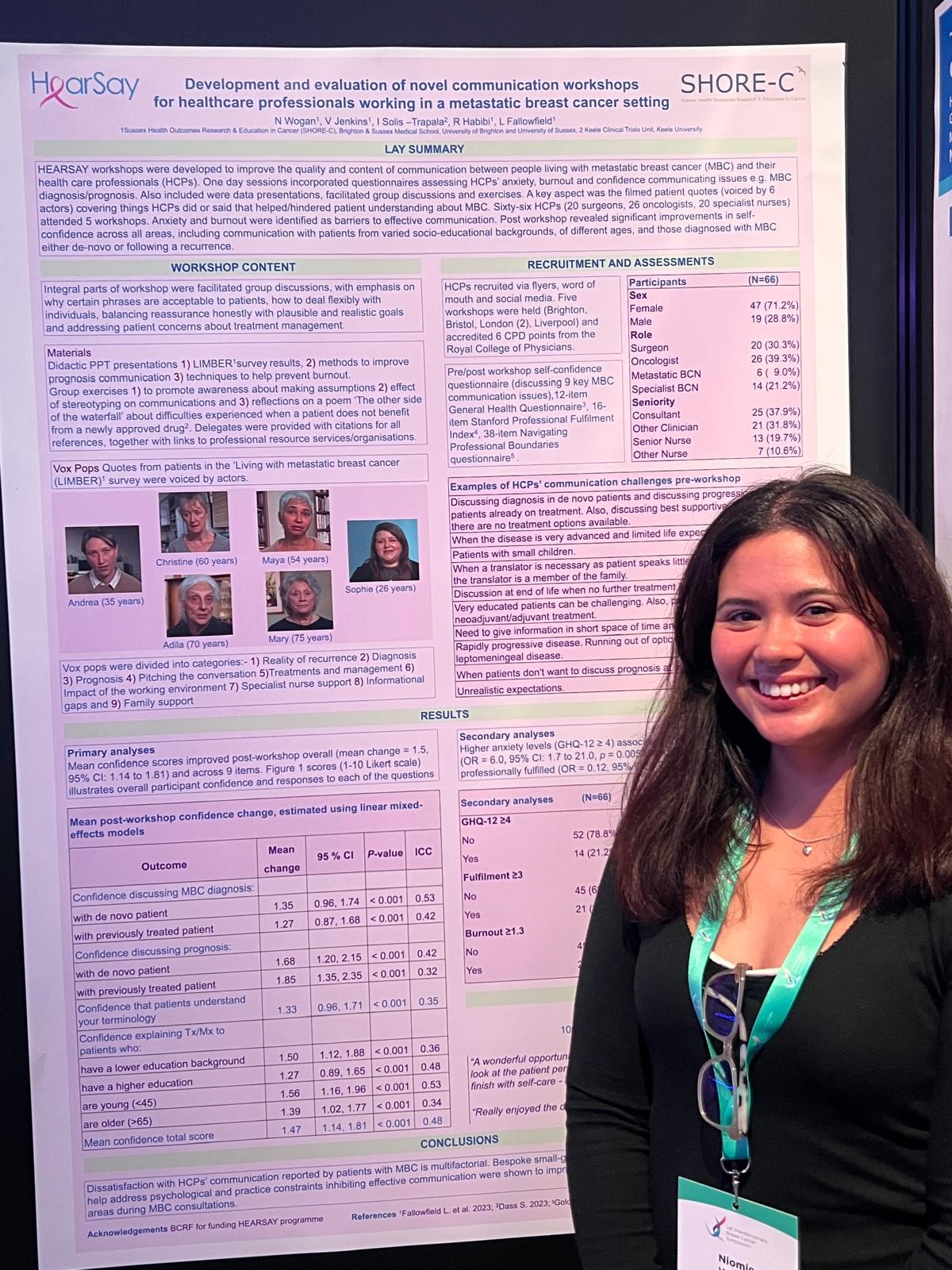 Niomie Wogan infront of her poster about the HEARSAY study